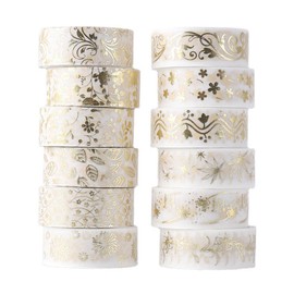 Luckious 12 Rolls Washi Tape Set - White Gold Foil Japanese Washi Masking Tapes, Decorative Masking Tape in Pastel Colors for Scrapbooking and More