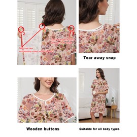 Liokoc Hospital Gowns for Women Open Back Tear Away Snap Post Shoulder Surgery Short Sleeve Soft Cotton Adaptive Clothing