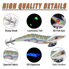 Luminous Squid Jig Shrimp Lure Fishing Squid Lures Artificial Baits Kit for Octopus Cuttlefish Hard Sinking Lures Fishing Squid Jigs for Saltwater Freshwater(3.0#-12cm-5pcs)