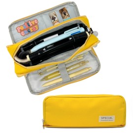 Wrapables Large Capacity Pencil Case, 3 Compartment Pencil Pouch - Yellow