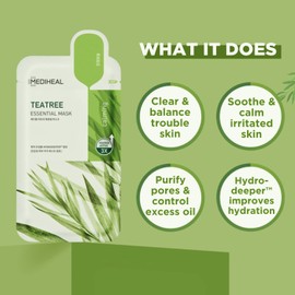 MEDIHEAL Mediheal Best Korean Sheet Mask - Tea Tree Essential Face Mask 10 Sheets For All Skin Types Korean Best Sheet Mask Soothing Calming
