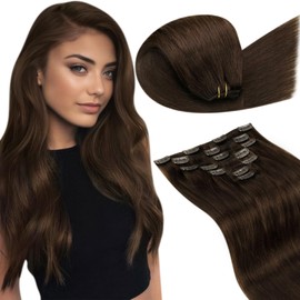 LaaVoo Clip-In Real Hair Extensions, Brown Hair Clip-In Extensions, Dark Brown, Remy Brown, Double Wefts, 40 cm, 7 Pieces, 105 g, #4