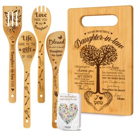 Gifts for Daughter in Law Kitchen Set of 6 for Women, Christmas Birthday Thankful Inspirational Gifts for Daughter in Law with cutting board & 4 Bamboo-Made Engraved Spoons