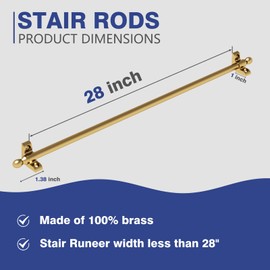 Solid Brass Stair Rods for Carpet Runners Set of 1, Gold Stair Runner Rods for Fixed Stair Carpet, 28 inch Oval Finial Carpet Runner Rods