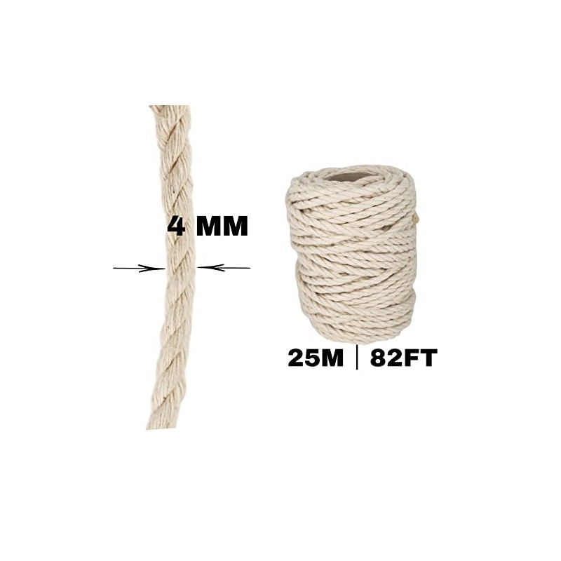 4MM Twisted Cotton Rope. 100% Natural. Strong Cord String for