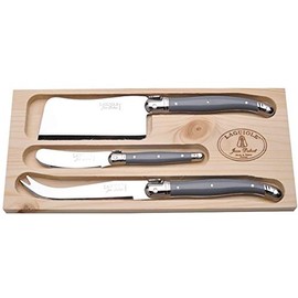 (D) Laguiole Hand Made French Cheese Set in Tray 3pc Vintage (Gray Handles)