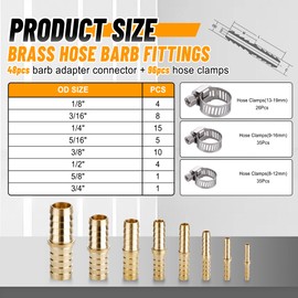 Ailbiuko 48PCS Brass Hose Barb Fitting,Barb Splicer Mender Hose Fittings 1/8" 3/16" 1/4" 5/16" 3/8" 1/2" 5/8" 3/4" with 96Pcs Stainless Steel Pipe Hose Clamps for Air/Fuel/Water/Oil Hose
