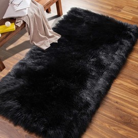 TopAufell Faux Fur Rug Fluffy Rug Black, Fluffy Carpet,Faux Sheepskin Rugs Floor Carpet for Bedrooms Living Room Kids Rooms Decor Bedside Rugs, Runner Rug for Hallway (Black, 2 x 3 Feet)