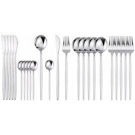 LSXD Juego de Cubiertos de Plata de 24 Piezas, Juego de Cubiertos de Acero Inoxidable con Cuchillo, Tenedor, Cuchara, Servicio para 6, Pulido Espejo y