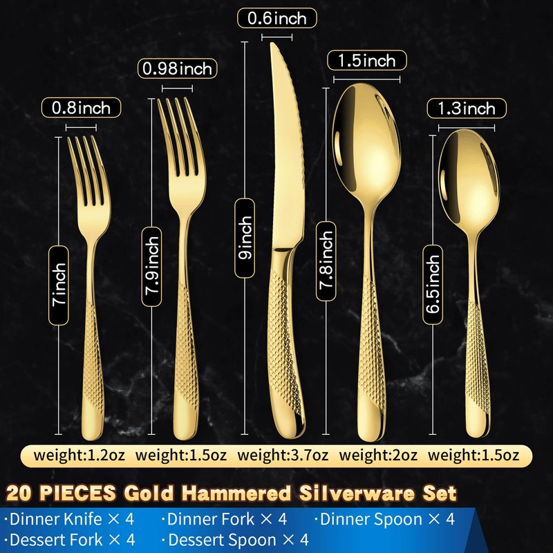 Lemeya 20-Piece Hammered Gold Silverware Set for 4 with Serrated