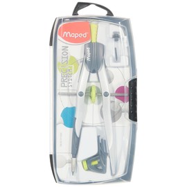 Maped - Kompass zum technischen Zeichnen - Präzisions-Systembox mit 3 Teilen - Kompass mit großem Schnurrbart - Inklusive 1 Universalklemme und 1 Bleietasche - aus Metall, sortiertes Modell