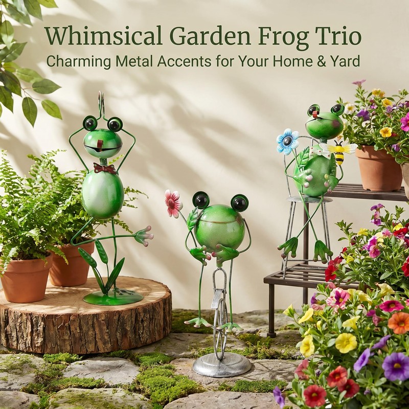 Metal Frog Statues Set 3, Yoga Bike Chair Frog Garden
