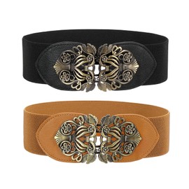 WERFORU Wide Elastic Waist Belt for Women, Ladies Vintage Stretchy Waist Belt Wide Retro Fashion Cinch for Dresses, D-Black+Brown