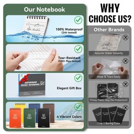 6 Pack Waterproof Notebook, 3" x 5" Top-Spiral Pocket Notepad with 100 Lined Pages, Weatherproof Pocket Notebook for Police Outdoor Office School Recording