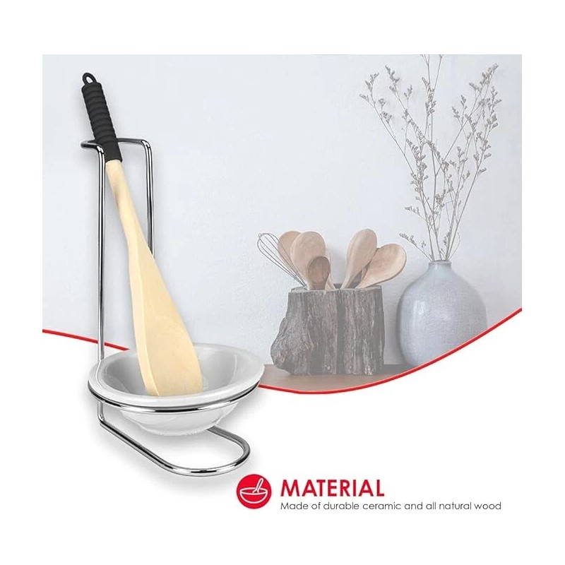 Home Basics Standing Spoon Rest with Ceramic Tray and Wooden
