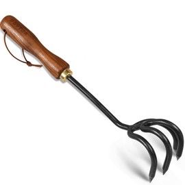 ROYTOA Hand Cultivator Rake, Ergonomic Small Garden Rake with Walnut Handle & 4 Durable Tines, Garden Tools for Weeding, Digging and Cultivating