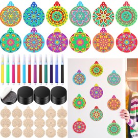 Cinnvoice 18 Pcs Christmas Mandala Fridge Magnet Color Your Own Wooden Magnet Ornament Xmas Decorative Mandala Magnetic Stickers for DIY Craft Christmas Party Fridge Refrigerator Door Decor Gifts