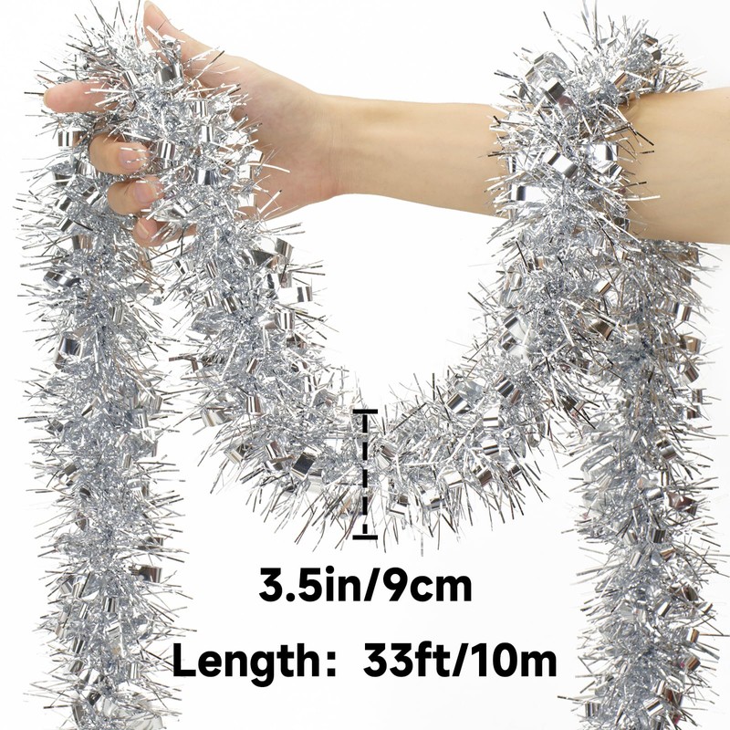 KINGLAKE Christmas Tinsel Garland, 10M x 9CM Silver Xmas Shiny