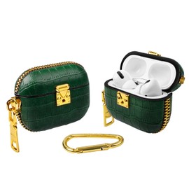 WEISHIJIE Case for AirPods Pro, Airpods Pro Case Cover, Genuine Leather AirPods Case with Crocodile Pattern & Electroplating Metal Keychain & Gold Buckle (Green)