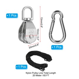PATIKIL M20 Double Pulley Block, 1 Set 304 Stainless Steel Wire Towing Wheel Lifting Crane Swivel Hook with Nylon Pulley Rope & M5x50 Snap Hook, Loading 75KG/165LBS