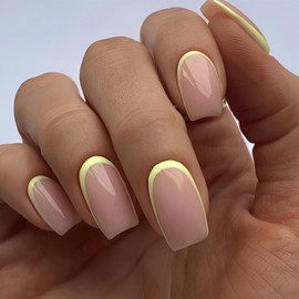 Yellow French Tip Press on Nails Short Square Fake Nails Nude False Nails Glossy Reusable Artificial Acrylic Nails For Women Girls Daily Wear Finger Manicure 24pcs