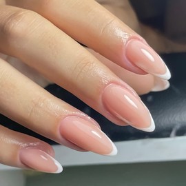 RIICFDD French Tip Press on Nails Medium Almond Fake Nails White Tip Nude Pink Glossy Acrylic False Nails Kit for Women Girls Artificial Nails 24 Pcs