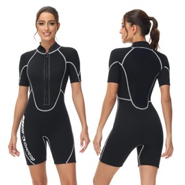 Owntop 3/2 mm Shorty Wetsuit Women's - Front Zip Wetsuit for Diving Surfing, Short Sleeve Diving Suits, Stretch Neoprene for Water Sports, Women, Black, S