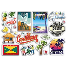 A5 Sticker Sheet Grenada Landmarks Vinyl Stickers - Caribbean Beach Summer Tropical Coast Flamingo Airport Stamps Skyline Flag Map Travel Holiday Scrapbooking Luggage #79214