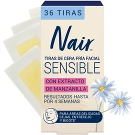 Nair Tiras de Cera Fría Facial Sensible 36 piezas. Marca Probada por Dermatólogos con Extracto de Manzanilla, Piel Suave y Tersa hasta por 4 Semanas