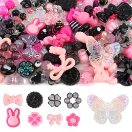 150PCS Acrylic Pastel Beads for Jewelry Making, Kalolary Colorful Bow Butterfly Flower Kawaii Plastic Candy Heart Cute Macaroon Aesthetic Beads for Bracelet Necklace DIY Supplies (Black Rose Pink)