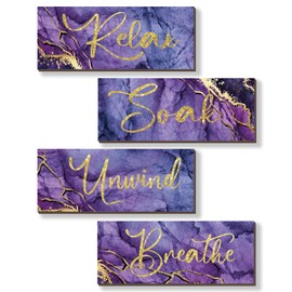ONIZHITY 4 Pcs Purple and Gold Bathroom Decor Large Relax Soak Unwind Breathe Wooden Sign Rustic Marble Style Bathroom Accessories for Bedroom Living Room Wall Decor(Purple Gold 14X5.5 Inches)