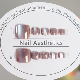 24Pcs Colorful Chrome Press on Toenails,Short Square Toe Nails,Cat Eye Press on Toenails,Full Cover Gradient Acrylic Toenails,Summer Press on Toenails,Glossy Stick on Toenails for Women Girls
