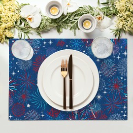 4th of July Placemats Set of 4 Patriotic Red and Blue Fireworks Washable Non-Slip Heat Resistant Place Mats 12x18 Inch Memorial Day Independence Day Table Mats