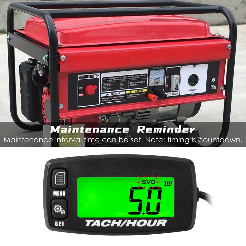 NInE-ROnG Self Powered Digital Tachometer Hour Meter,Inductive Maintenance Waterproof Backlit