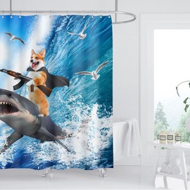 ZXMBF Funny Dog Corgi Riding Shark Shower Curtain Ocean Sea Waves Seagull Animal Surfing for Kids Boy Men Hilarious Fun Waterproof Fabric Bathroom Decor 72Lx72W Inch with 12PCS Plastic Hooks