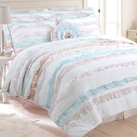 Emma Light Pink Blue Girly Romantic Lace Bold Striped Ruffle 100% Cotton Reversible Quilt Bedding Set, Coverlet, Bedspread (Pink Blue Ruffle, Twin -3 Piece: 1 Quilt + 1 Standard Sham + 1 Decor Pillow)