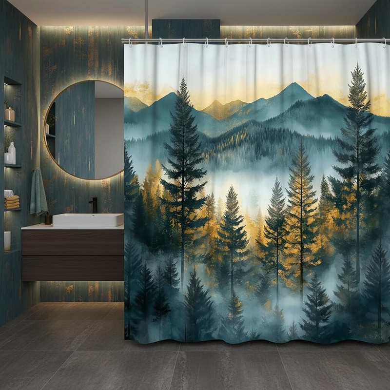 DYNH Misty Mountain Forest Shower Curtain,Sunset Sunrise Woodland Pine Tree