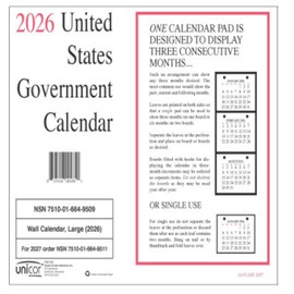 Unicor 2026, US Government Fed Monthly Wall Individual Calendar, Qty=2, 11 x 9,12-Month (Jan to Dec)