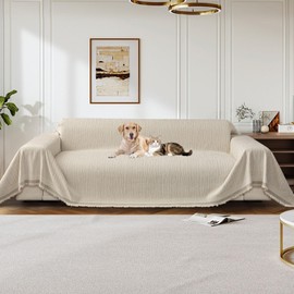 LiveGo Sofa Cover for 3 Seater, Chenille Non-Slip Slipcover for Sofa, All-Season Couch Cover for Dogs, Sofa Loveseat Covers Futon Cover L Shaped Sofa Cover with Tassel (Off White 180 * 300cm)
