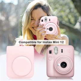 MUZIRI KINOKOO Tasche für Instax Mini 12 Sofortbildkamera, PU Leder Schutzhülle für Instax Mini 12 mit Fototasche - Verstellbarer Schultergurt - Rosa