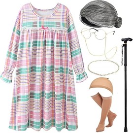EBYTOP Old Lady Costume for Kids 100th Day of School Costume Wig 100 Year Granny Glasses Grandma Little Old Women Cane Accessories,4-6 Years