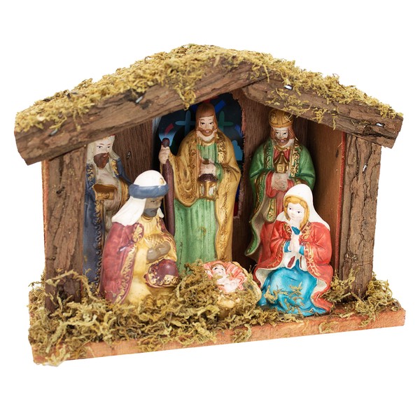 ToCi Christmas Nativity Scene with Hand-Painted Nativity Figures | Stable with LED Lighting 7-Piece | 20 x 8 x 15 cm Christmas Decoration
