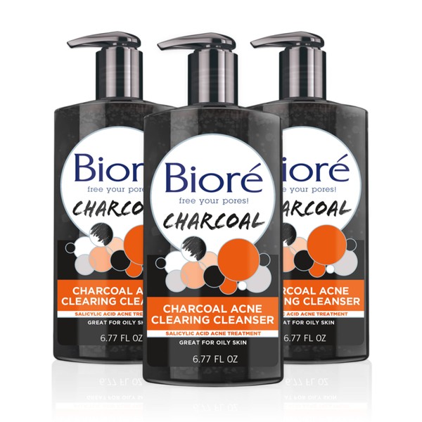 Bioré Charcoal Acne Clearing Facial Cleanser with 1% Salicylic Acid and Natural Charcoal, Helps Prevent Breakouts and Absorb Oil for Deep Pore Cleansing, 6.77 Ounce (3 Pack)