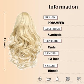 PORSMEER Short Blonde Drawstring Ponytail Extension,12 inch Wavy Curly Fake Ponytail Hair Extensions Natural Synthetic Clip in Pony Tails Hairpieces for Women Daily Party