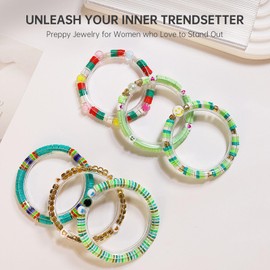 Frgofl 6Pcs Surfer Heishi Friendship Bracelets Set Stackable Stretch Clay Bead Bracelets for Women Preppy Elastic Layering Bracelets Boho Aesthetic Summer Beach Jewelry