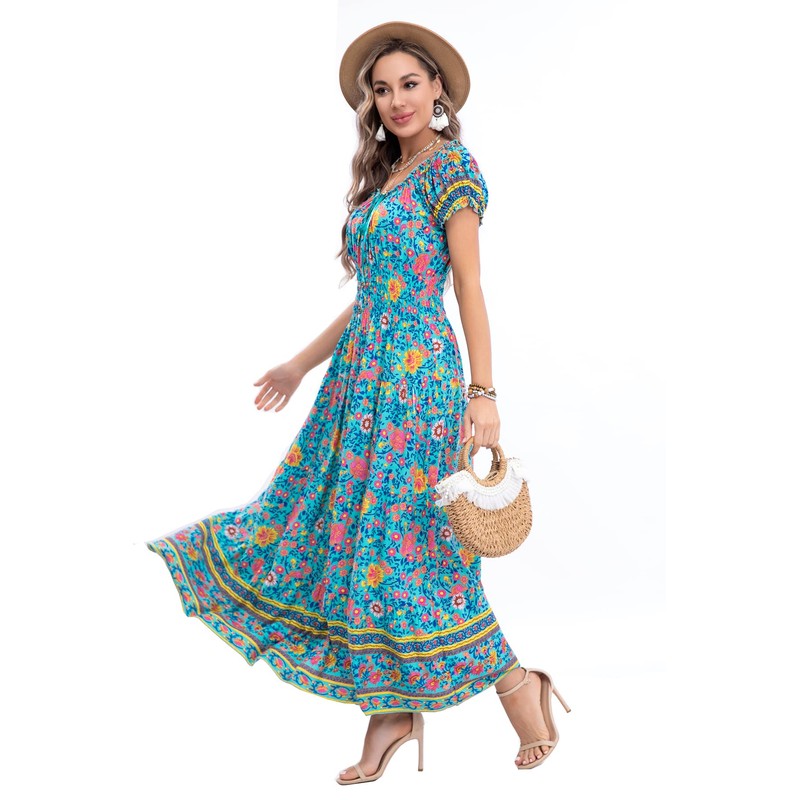 OSTOO Women's 2025 Summer Short Sleeves Boho Floral Print Tiered