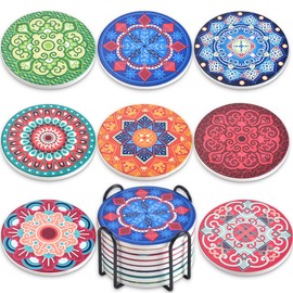 Newk Coasters for Drinks, Set of 8 Ceramic Absorbent Coasters with Metal Holder, Bright Colorful Mandala Patterns Coasters for Coffee Table, Great Housewarming Gifts