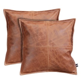 QAWACH Lambskin Leather Pillow Cover - Sofa Cushion Case - Decorative Throw Covers for Living Room or Bedroom, 22 x 22 Inches - Cognac Box Pack of 2