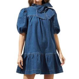 EZAPINE Womens Denim Dress Flowy Mock Neck Ruffle Short Sleeve Tiered Babydoll Dress Blue