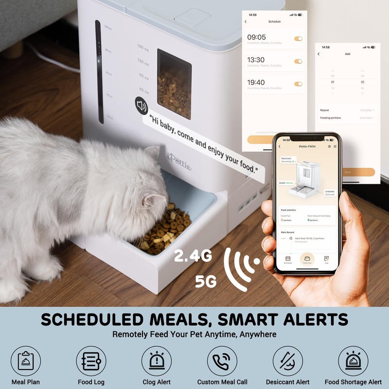 iPettie FW54 5G/2.4GHz WiFi Automatic Feeder and Waterer 2-in-1 Set